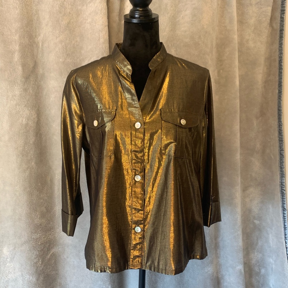 Ruby Red Metallic Gold 3/4 sleeve blouse. Size 12
